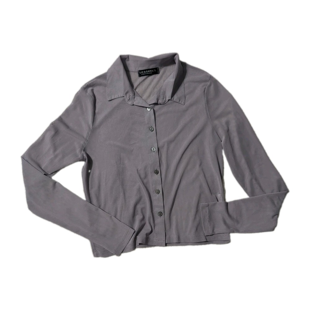Liz & Sara Womens L Gray Button Front Mesh Sheer  Collared Top Y2K 90's Style